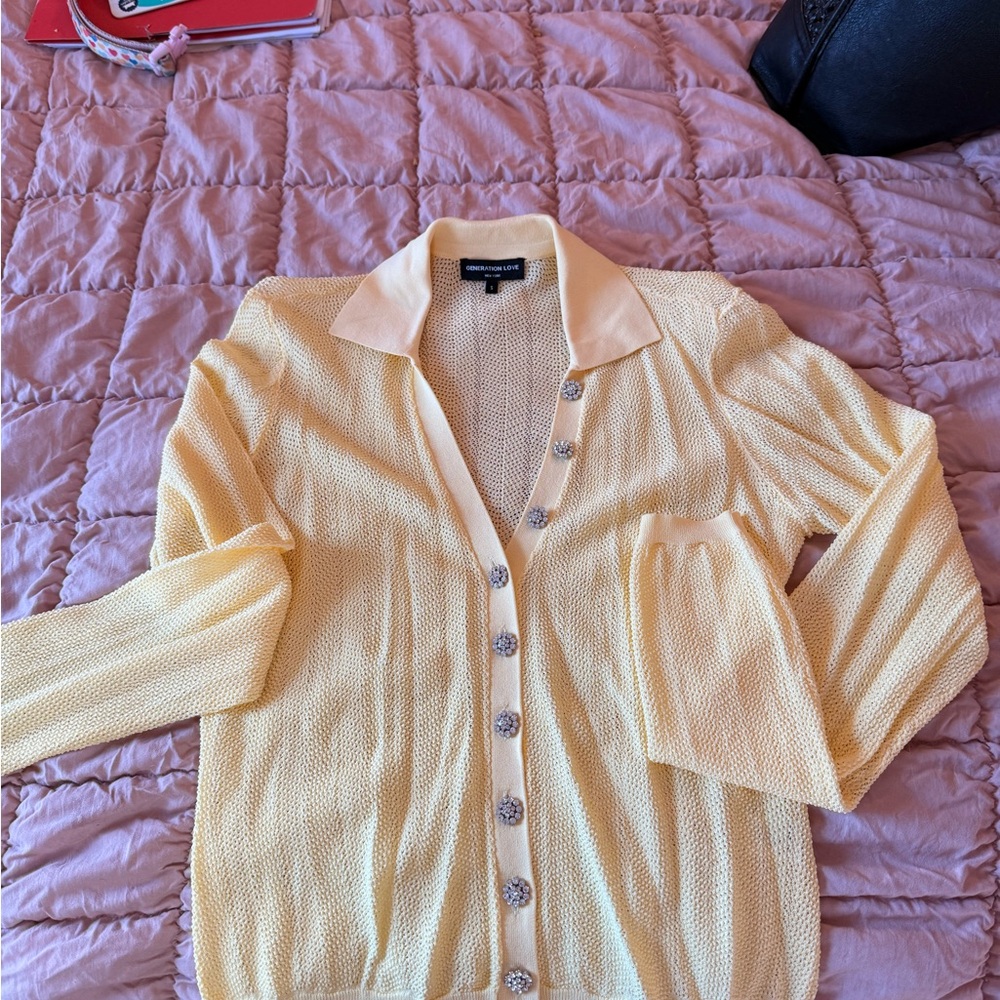 Generation Love Yellow Button-Up Cardigan with Rhinestone buttons so Fun!